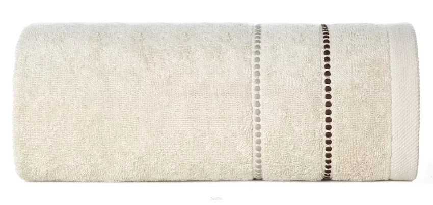 Ręcznik 50x90 SUZI beżowy z kontrastującą stebnowaną bordiurą w delikatne paseczki 500 g/m2