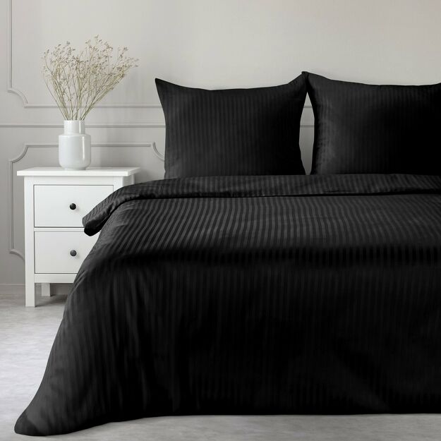 Pościel satynowa 160x200 VERA jednokolorowa gładka czarna w prążki