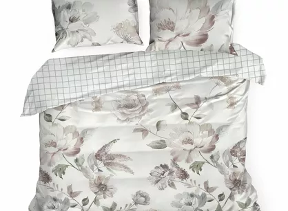 Pościel z makosatyny 160x200 ROSALIA biała pudrowy wzór kwiatowy dwustronna Premium