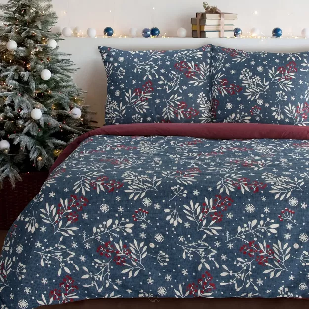 Pościel świąteczna 220x200 KRISTY granatowo czerwona wzór gałązek z bawełny renforce