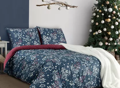 Pościel świąteczna 220x200 KRISTY granatowo czerwona wzór gałązek z bawełny renforce