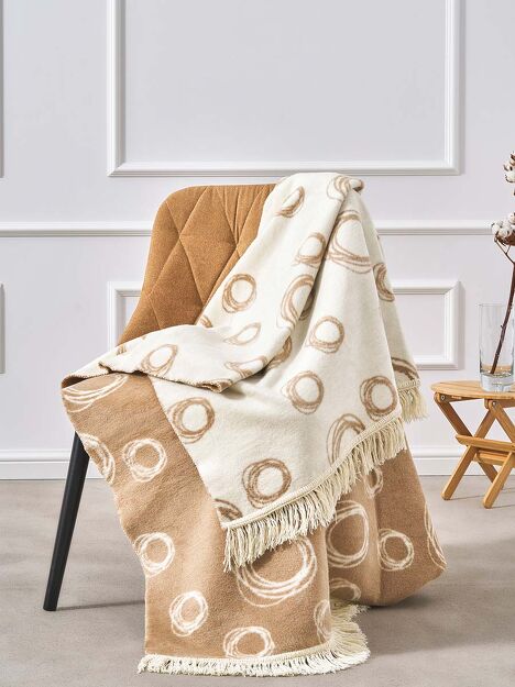 Koc bawełniany 150x200 2140-2 beżowy bańki mydlane z frędzlami