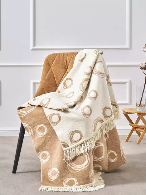 Koc bawełniany 150x200 2140-2 beżowy bańki mydlane z frędzlami