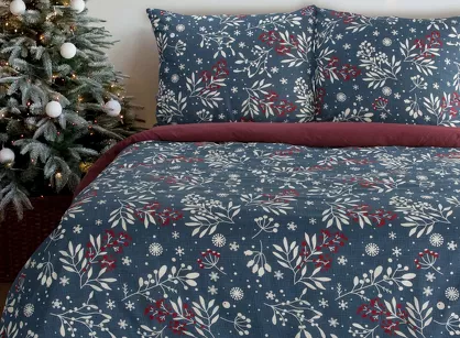 Pościel świąteczna 160x200 KRISTY granatowo czerwona wzór gałązek z bawełny renforce