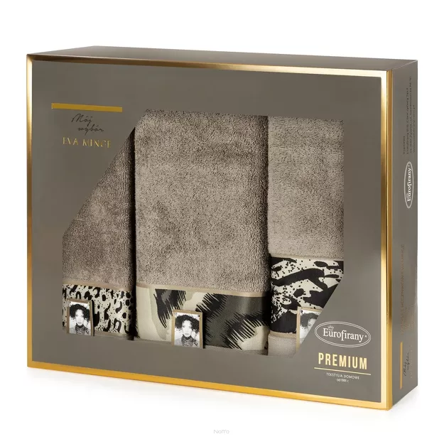 Komplet ręczników EVA 24 Eva Minge ciemny beż z drukowaną bordiurą z wzorem zwierzęcym 