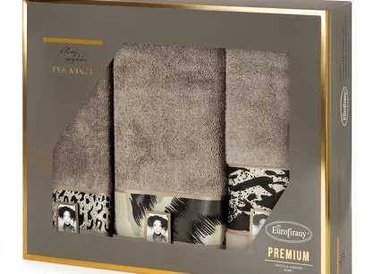 Komplet ręczników EVA 24 Eva Minge ciemny beż z drukowaną bordiurą z wzorem zwierzęcym 