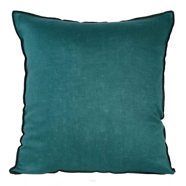 Poszewka jednokolorowa 45x45 LEN 5A turkusowa z lnu obszyta czarną nicią