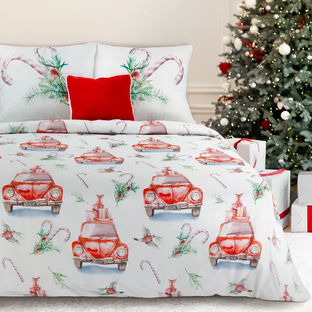 Pościel świąteczna 220x200 CANDY biała czerwona samochody z mikrowłókna