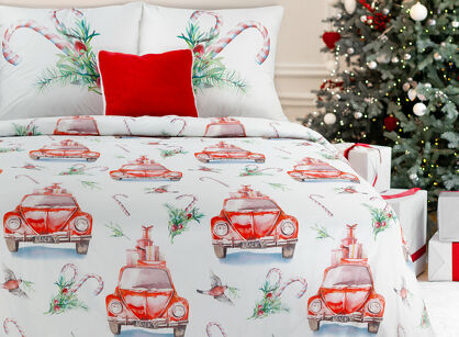 Pościel świąteczna 220x200 CANDY biała czerwona samochody z mikrowłókna