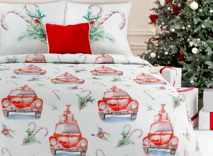 Pościel świąteczna 220x200 CANDY biała czerwona samochody z mikrowłókna