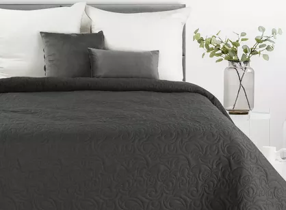 Narzuta jednokolorowa 170x210 LEN 4 grafitowa pikowana w ornamentowy wzór imitująca len
