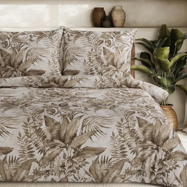 Pościel satynowa 160x200 SPRING 46 beżowa z nadrukiem egzotycznych liści