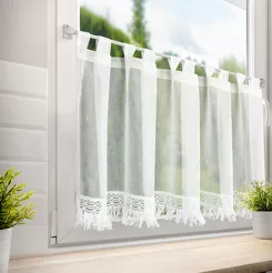 Zazdrostka na szelkach 150x60 ROXANA biała z etaminy zdobiona gipiurą z frędzelkami