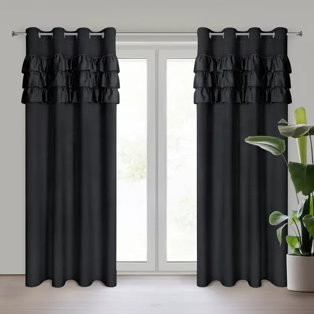 Zasłona na przelotkach 140x250 SAMI welwetowa czarna jednokolorowa zdobiona w górnej części falbanami i taśmą z cyrkoniami