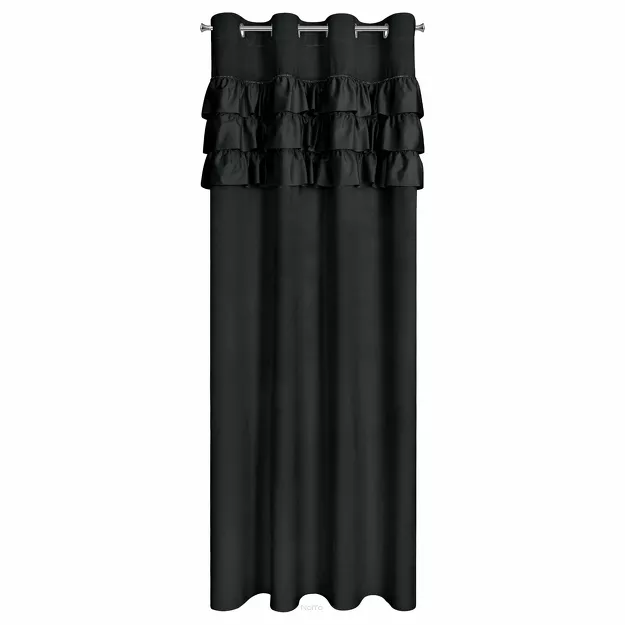 Zasłona gotowa na przelotkach 140x250 SAMI welwetowa czarna jednokolorowa zdobiona w górnej części falbanami i taśmą z cyrkoniami
