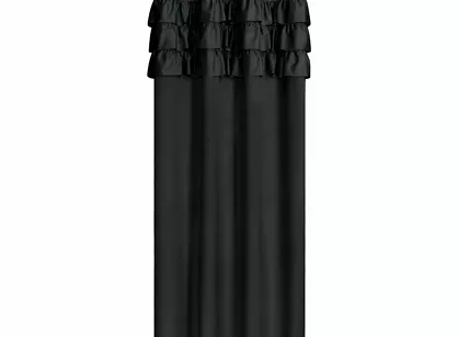 Zasłona gotowa na przelotkach 140x250 SAMI welwetowa czarna jednokolorowa zdobiona w górnej części falbanami i taśmą z cyrkoniami