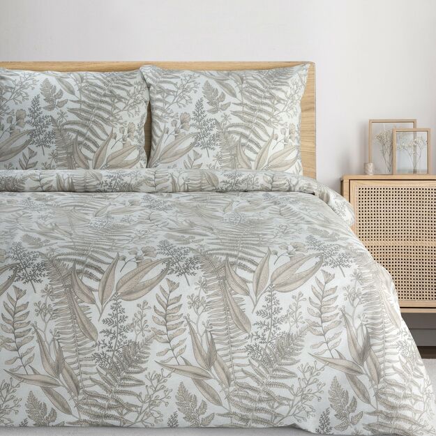 Pościel bawełniana 160x200 LUNA biała z wzorem beżowych liści z kolekcji Harmony Home