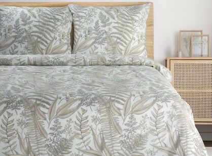 Pościel bawełniana 160x200 LUNA biała z wzorem beżowych liści z kolekcji Harmony Home