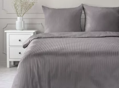 Pościel satynowa 140x200 VERA jednokolorowa gładka stalowa w prążki