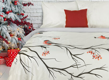 Pościel świąteczna 160x200 BERRY biała w z panelowym nadrukiem ptaszków z satyny bawełnianej