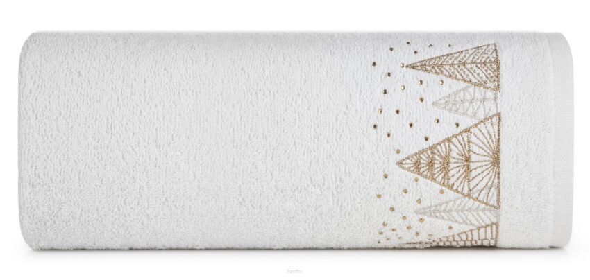 Ręcznik świąteczny 50x90 SANTA 21 biały z wyhaftowanym złoto srebrnym haftem choinek