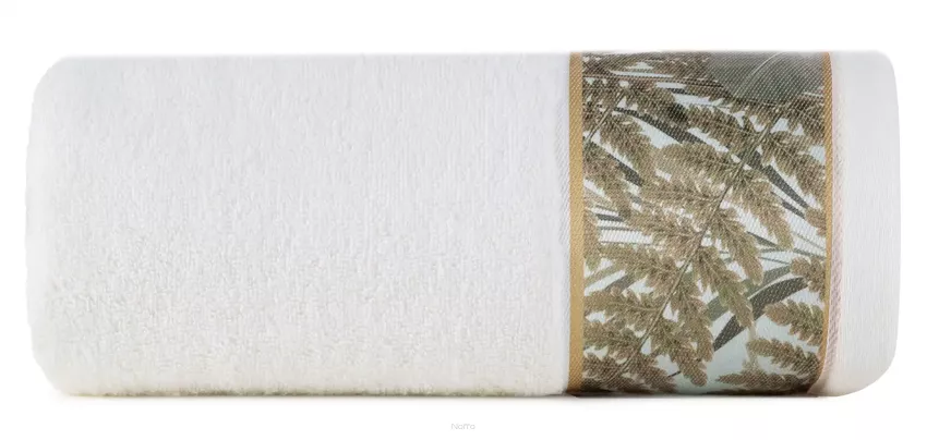 Ręcznik 70x140 EVA 17 Eva Minge biały zdobiony bordiurą z botanicznym wzorem w liście z kolekcji Premium