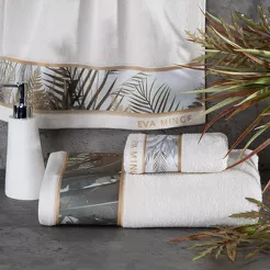 Ręcznik 70x140 EVA 17 Eva Minge biały zdobiony bordiurą z botanicznym wzorem w liście z kolekcji Premium