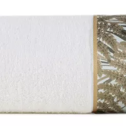 Ręcznik 70x140 EVA 17 Eva Minge biały zdobiony bordiurą z botanicznym wzorem w liście z kolekcji Premium 500 g/m2