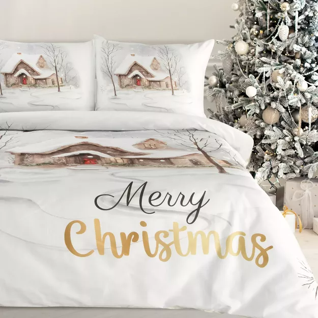 Pościel świąteczna 160x200 JOYFULL biała jasny brąz nadruk świąteczny z satyny bawełnianej