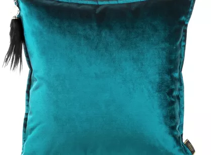 Poszewka welwetowa 45x45 ROYAL 5 ciemny turkus z ozdobnym chwostem z kryształem i piórami