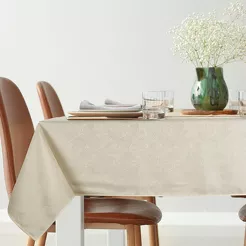 Obrus 140x300 ISLA kremowy z żakardowym wzorem liści bananowca