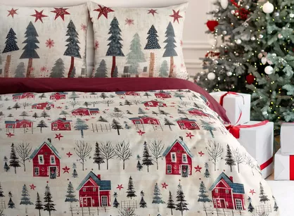 Pościel świąteczna 220x200 ASHER bordowo kremowa nadruk zimowej scenerii z satyny bawełnianej