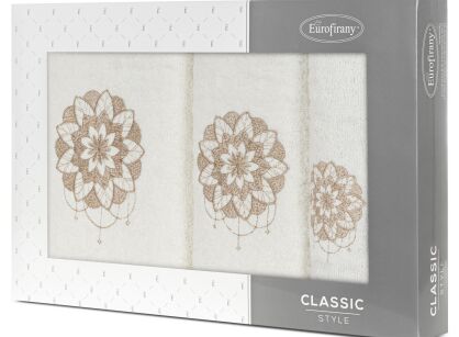 Komplet ręczników 3 szt. LOTUS kremowe z haftowanym beżowym wzorem kwiatu lotosu w kartonowym pudełku