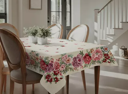 Obrus gobelinowy 140x180 GRIA naturalny różowy z nadrukiem kwiatów piwonii