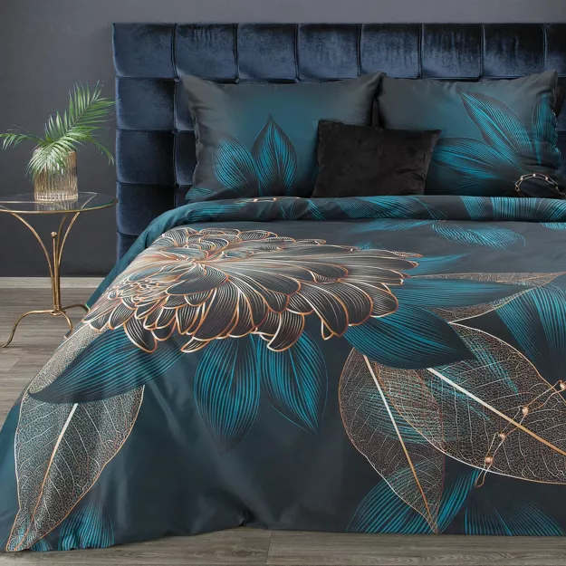 Pościel z makosatyny 160x200 PREMIUM 6 ciemny turkus czarna z wzorem botanicznym z kolekcji Premium