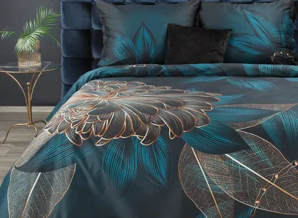 Pościel z makosatyny 160x200 PREMIUM 6 ciemny turkus czarna z wzorem botanicznym z kolekcji Premium