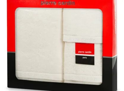 Komplet ręczników EVI Pierre Cardin kremowe zdobione bordiurą w kolorze ręcznika z logo marki z kolekcji Premium