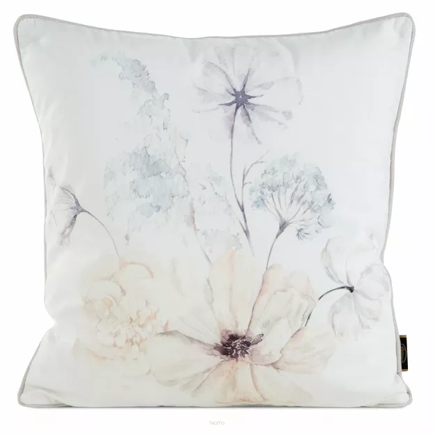 Poszewka welwetowa 45x45 VELVET 127 kremowa z designerskim beżowym wzorem botanicznym obszyta lamówką
