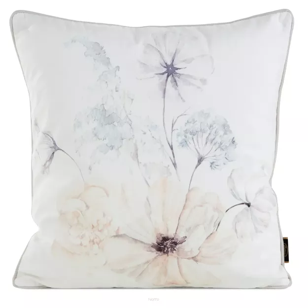 Poszewka welwetowa 45x45 VELVET 127 kremowa z designerskim beżowym wzorem botanicznym obszyta lamówką