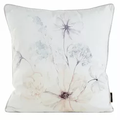 Poszewka welwetowa 45x45 VELVET 127 kremowa z designerskim beżowym wzorem botanicznym obszyta lamówką