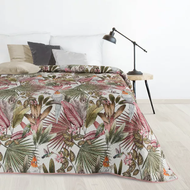 Narzuta pikowana 170x210 PARROT zielona różowa z nadrukiem egzotycznych liści i papug Design 91