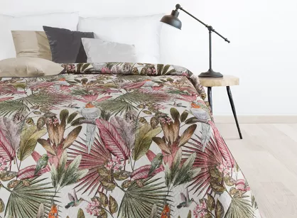 Narzuta pikowana 170x210 PARROT zielona różowa z nadrukiem egzotycznych liści i papug Design 91