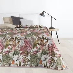 Narzuta pikowana 170x210 PARROT zielona różowa z nadrukiem egzotycznych liści i papug Design 91