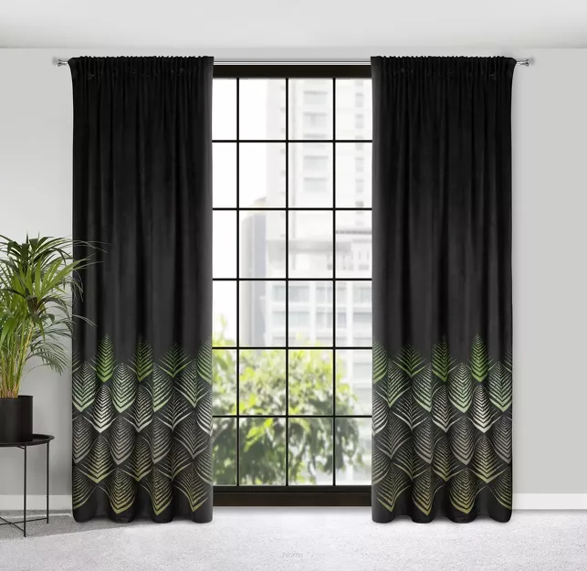 Zasłona na taśmie 140x270 ANGELINA welwetowa z geometrycznym oliwkowym nadrukiem