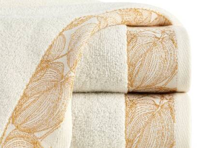 Ręcznik bawełniany 30x50 AGIS kremowy puszysty z żakardową bordiurą liści lilii wodnej