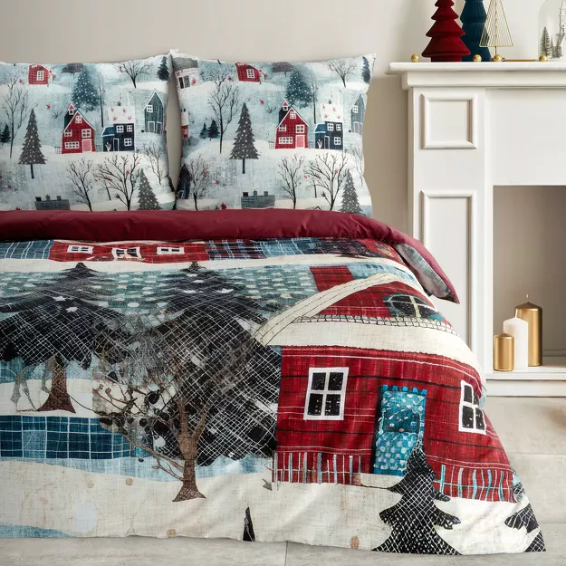 Pościel świąteczna 160x200 NIKO czerwono niebieska świąteczne miasteczko z satyny bawełnianej