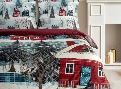 Pościel świąteczna 160x200 NIKO czerwono niebieska świąteczne miasteczko z satyny bawełnianej