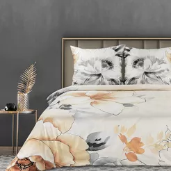 Pościel z makosatyny 220x200 PREMIUM 19 biała jasny beż z dużymi kwiatami