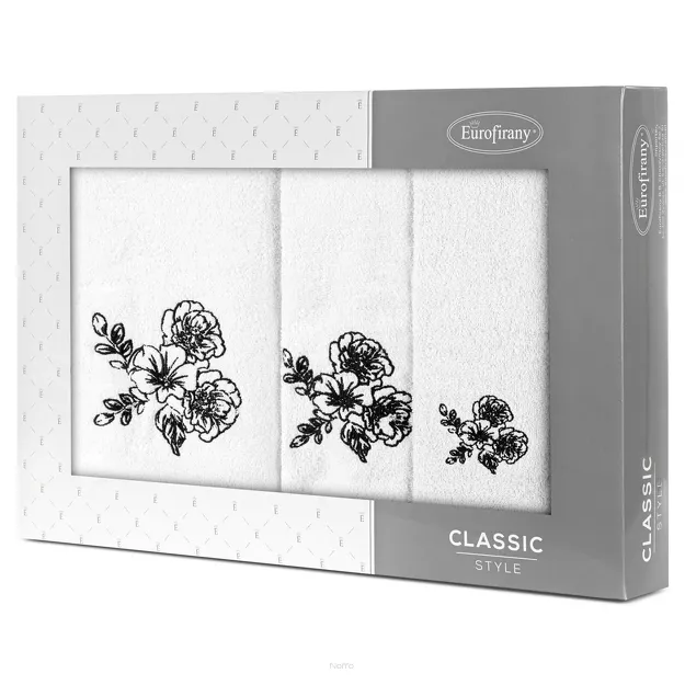 Komplet ręczników 3 szt. KAMELIA białe z haftowanym czarnym wzorem delikatnych kwiatków w kartonowym pudełku