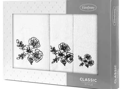 Komplet ręczników 3 szt. KAMELIA białe z haftowanym czarnym wzorem delikatnych kwiatków w kartonowym pudełku